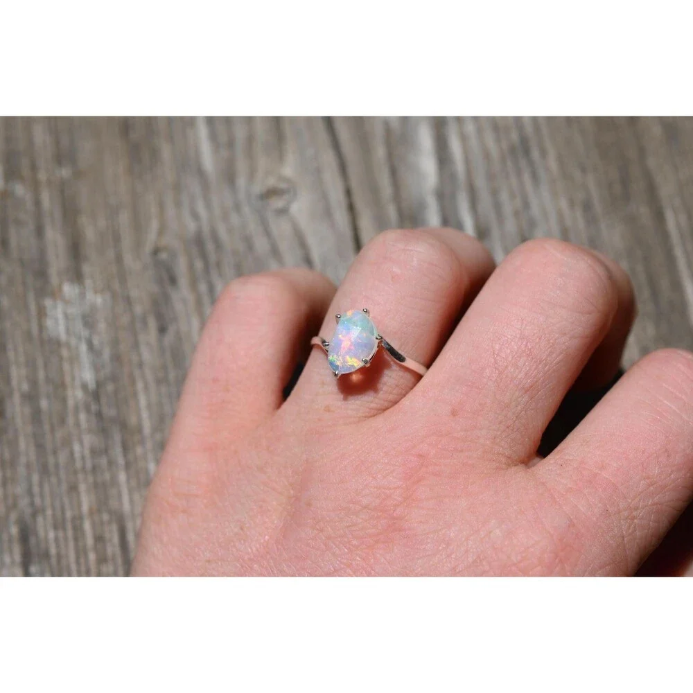 Natural Ethiopian Opal Ring in Sterling Silver Pear Cut Iridescent Gemstone Ring